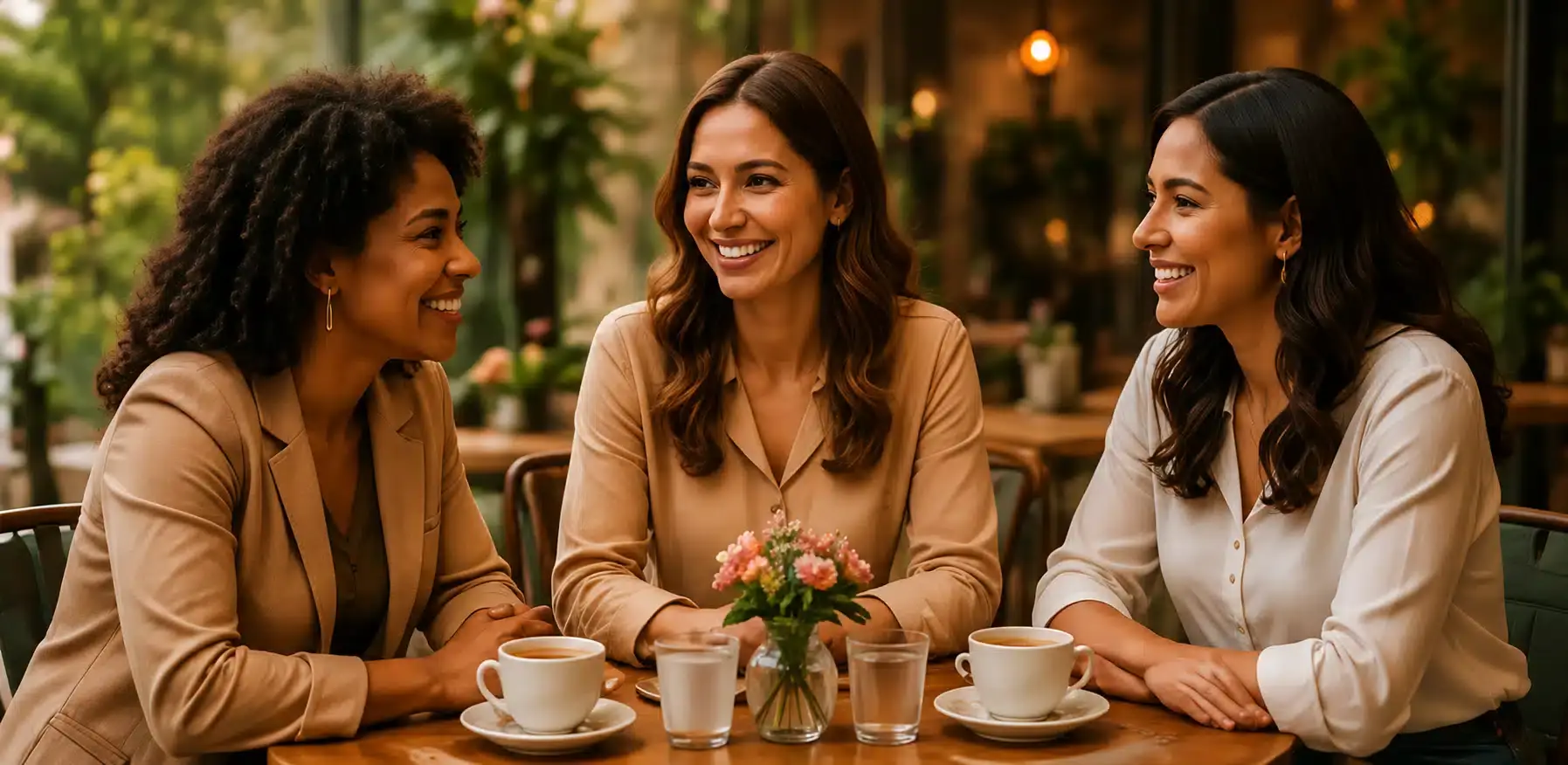Mulheres conversando em uma mesa de café